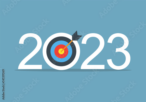 business target on happy new year 2023. strategy planning for future.  2023 number with  dartboards. vector illustration flat banner design. isolated on blue background.