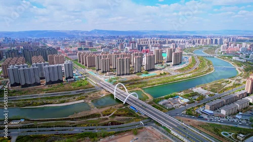 Aerial scenery along the Xiaohei River in Hohhot, Inner Mongolia, China