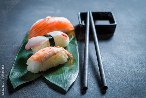 Tasty and fresh Nigiri sushi made of rice and salmon.