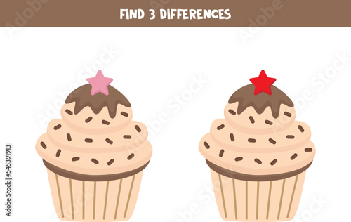Find three differences between two cute cupcakes.