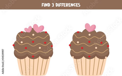 Find three differences between two cute cupcakes.