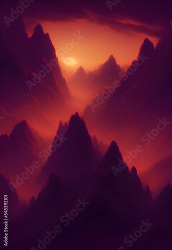 sunset in the mountains scene with orange color digital oil painting illustration arts © Mardy Elzaawely