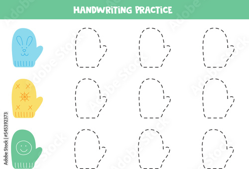Tracing contours for kids. Cute colorful mittens. Writing practice.