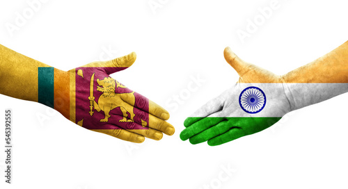 Handshake between Sri Lanka and India flags painted on hands, isolated transparent image.