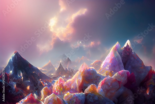 Beautiful landscape of fantasy mountain and colorful background, digital illustration art, fantasy scene concept. Great as wallpaper, backdrop or for use in your art projects. 