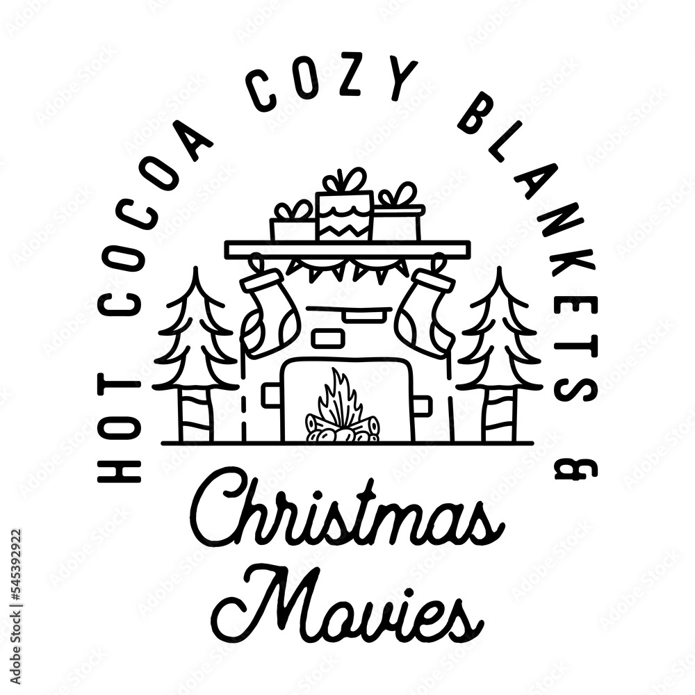 Mountain Camping christmas badge design with chimney in line art style and quote hot cocoa. Travel logo graphics. Stock vector label