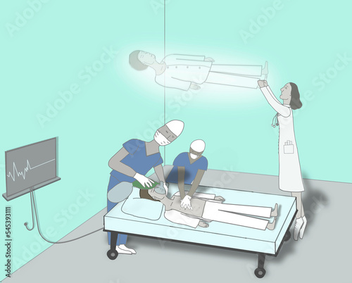 In the ward, a man lies unconscious on the bed, his soul rises, one doctor tries to hold her back, and other doctors give an artificial heart massage. The concept of medicine, life saving. photo