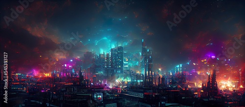 Beautiful landscape of fantasy cityscape and colorful background, digital illustration art, fantasy scene concept. Cyberpunk. Great as wallpaper, backdrop or for use in your art projects.