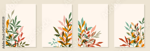 Creative minimalist Abstract art background with leaves branch and Hand Drawn doodle Scribble floral plants