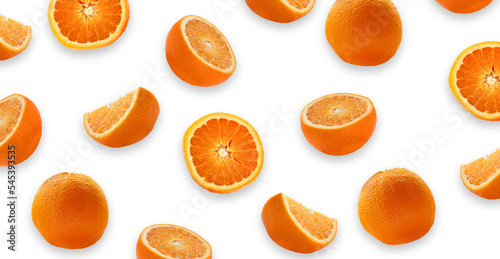 Oranges on a white background. Orange slices, cut orange on a white background.
