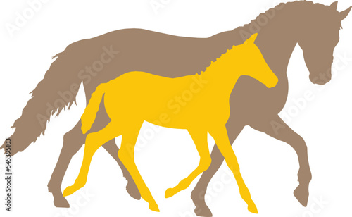 Foal trotting next to it's mother, yellow an brown vector silhouette illustrations isolated against white background, ¥