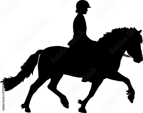 Icelandic horse with rider trotting forward, side view, black silhouette design 