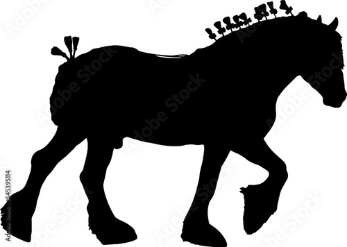 Shire draft horse on stallion show, walks forward, black silhouette design isolated on white 
