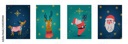 Conjunto de tarjetas de felicitación con decoración festiva, dibujos vectoriales divertidos y alegres. Plantilla de diseño de Año Nuevo. Formato vertical