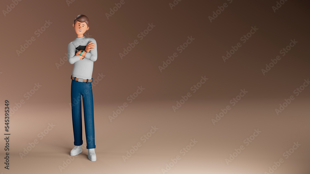 3d render of a male character with hands folded. Banner with place for text. For business design, online platforms, sites. 3D model of a young friendly man who smiles and crossed his arms. 3d render of a male character with hands folded. Banner with place for text. For business design, online platforms, sites. 3D model of a young friendly man who smiles and crossed his arms.