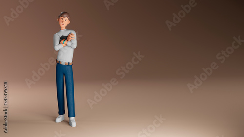 3d render of a male character with hands folded. Banner with place for text. For business design  online platforms  sites. 3D model of a young friendly man who smiles and crossed his arms.
