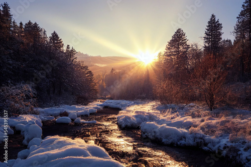 Beautiful sunset/sunrise over gorgeous winter stream, digital art © PostReality Media