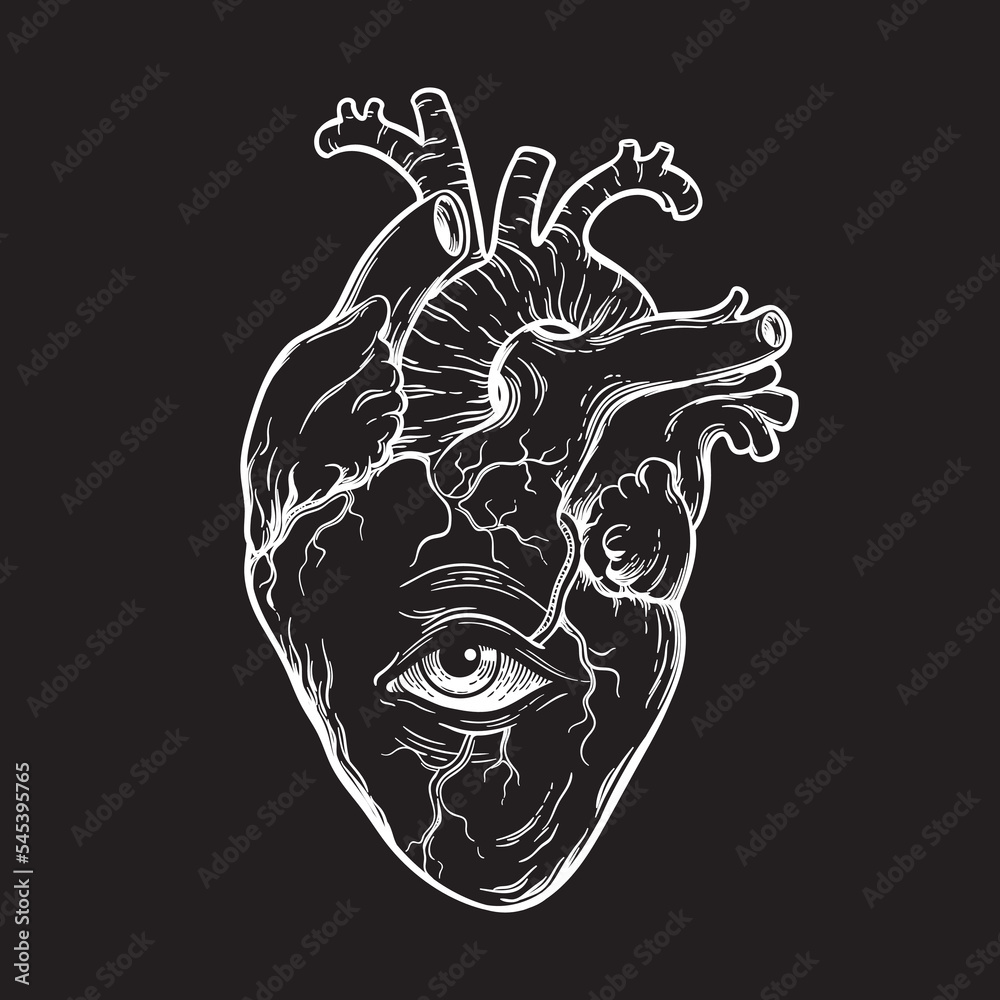 Anatomically correct human heart with eye hand drawn line art flash ...