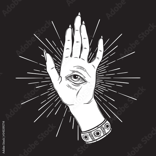 Spiritual hand with the allseeing eye on the palm. Occult design isolated vector illustration
