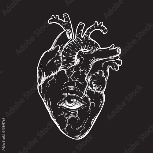 Anatomically correct human heart with eye hand drawn line art flash tattoo or print design vector illustration.