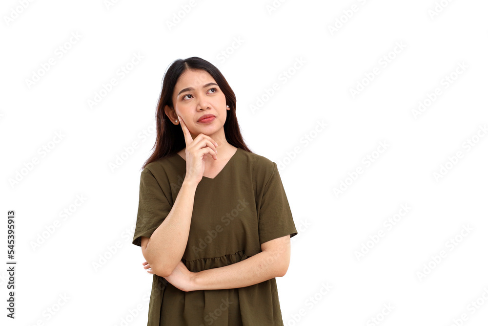 Thoughtful young asian woman standing while dreaming or thinking something and looking above. Isolated on white Thoughtful young asian woman standing while dreaming or thinking something and looking above. Isolated on white
