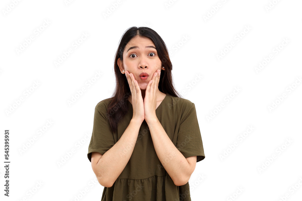 Beautiful young asian woman standing with surprised or amazed face expression. Isolated on white background Beautiful young asian woman standing with surprised or amazed face expression. Isolated on white background