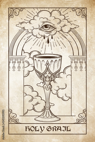 Holy grail goblet and eye of God in front of the gothic arch vector illustration. Hand drawn gothic style placard, poster or print design