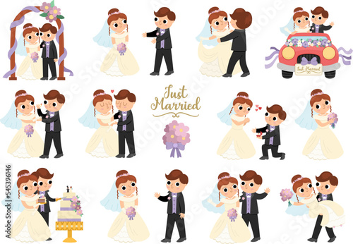 Vector set with bride and groom. Cute just married couple. Wedding ceremony illustrations. Cartoon marriage scenes with rings, cake, honeymoon car, arch, kissing, bouquet throwing, first dance.