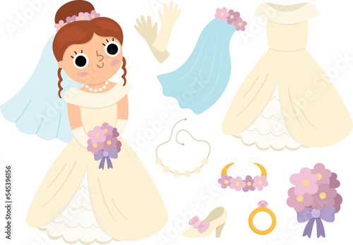 Vector bride clothes set. Cute just married girl with dress, accessory. Wedding ceremony icon. Cartoon marriage newly married woman, veil, shoe, bouquet, ring, gloves. Cute lady collection.