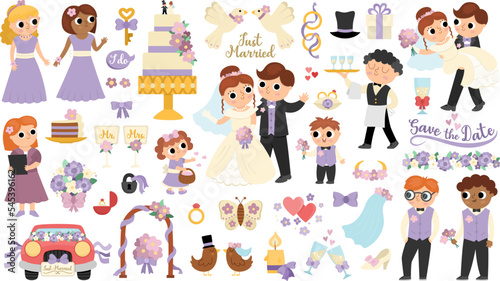 Vector big wedding elements set. Cute marriage clipart and scenes with bride and groom. Just married couple collection. Funny ceremony illustrations. Cute bridesmaids, bridegroom, rings, cake .