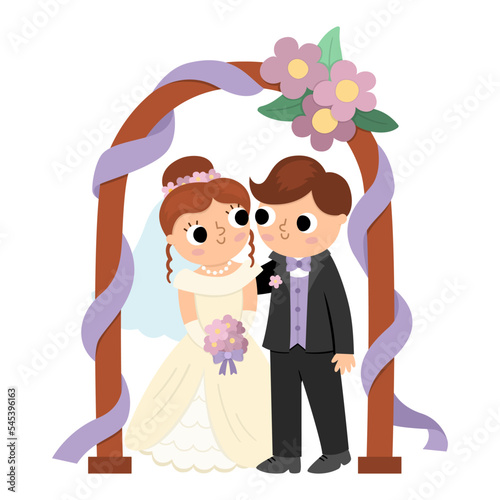 Vector illustration with bride and groom. Cute just married couple. Wedding ceremony icon. Cartoon marriage scene with husband and wife standing under the decorated arch.