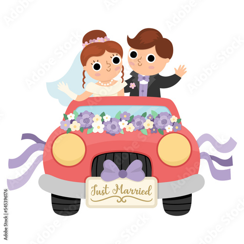 Vector illustration with bride and groom going to honeymoon. Cute just married couple. Wedding ceremony icon. Cartoon marriage scene with newly married couple and red decorated car.