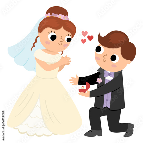 Vector illustration with groom giving the ring to the bride. Cute just married couple. Wedding ceremony icon. Cartoon marriage scene with newly married couple and proposal.