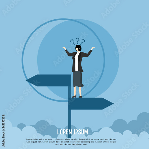 Choice decision making concept as two separate path options for business woman to choose. Confusing business or life strategy