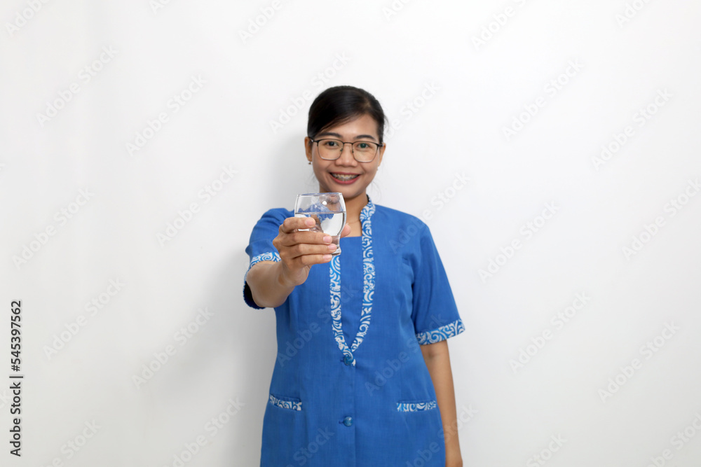 Young asian woman presenting mineral water for health life. Isolated on white background Young asian woman presenting mineral water for health life. Isolated on white background