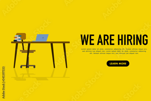 Hiring recruitment open vacancy design info label template. We are recruiting to join. vector illustration isolated on a yellow background