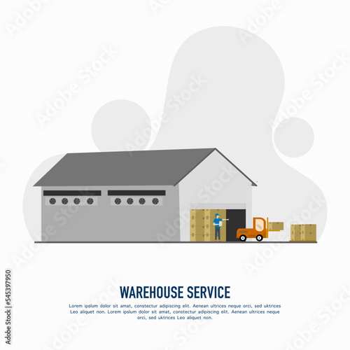 vector of warehousing activities with loading and unloading of packages and forklifts transporting cargo, logistics, distribution, warehousing, import and export. Warehouse worker setting up forklift.