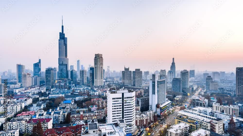 Day to night time-lapse photography of Zifeng Tower skyline in Nanjing, Jiangsu, China Day to night time-lapse photography of Zifeng Tower skyline in Nanjing, Jiangsu, China