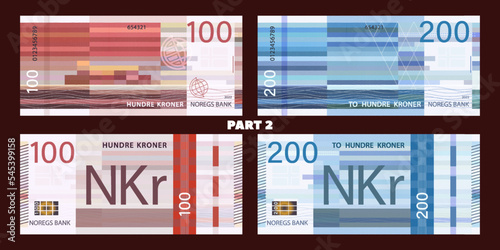 Vector game set of banknotes. The inscriptions in Norwegian mean - 100 and 200 crowns, bank of Norway. Obverse and reverse bills. Part 2