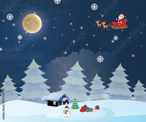 A house in a snowy Christmas landscape at night. christmas tree and snowman. background with moon and the silhouette of Santa Claus flying on a sleigh. concept for greeting card Raster version