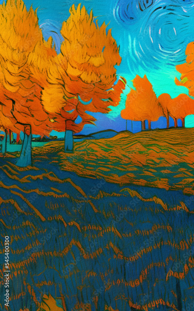 Digital painting illustration of fall landscape in Van Gogh painting style, oil imitation, autumn scene