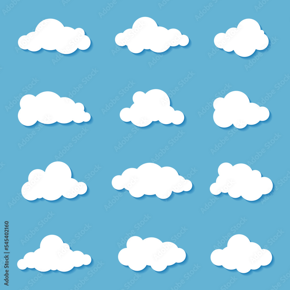 Different clouds on blue sky in origami design. Collection of white paper cut out cloud icons. Paper cloud. Weather symbols. Vector illustration Different clouds on blue sky in origami design. Collection of white paper cut out cloud icons. Paper cloud. Weather symbols. Vector illustration