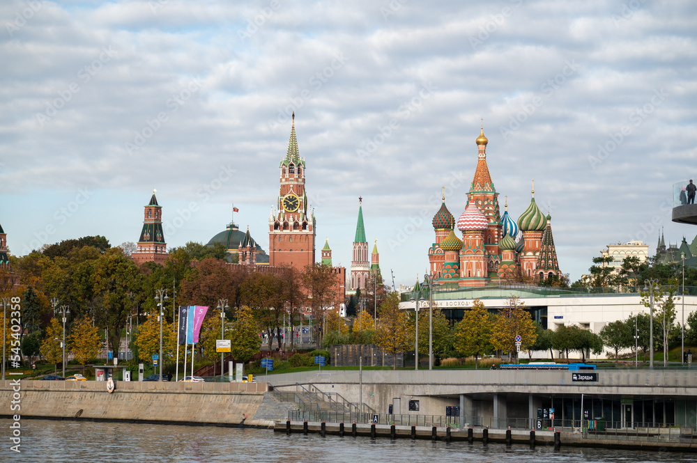 Moscow. Russia. October 14, 2022: Panoramic view on Moscow Red Square, Kremlin towers, stars and Clock Kuranti, Saint Basil's Cathedral church. Moscow Putin residence