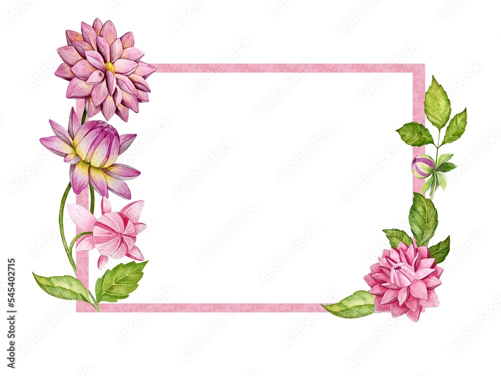 Watercolor decoration with dahlia flowers and leaves.