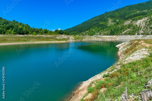 Amazing view of curvy  meandering Zavoj lake on Old Mountain  Serbia. Zavojsko Lake near Pirot