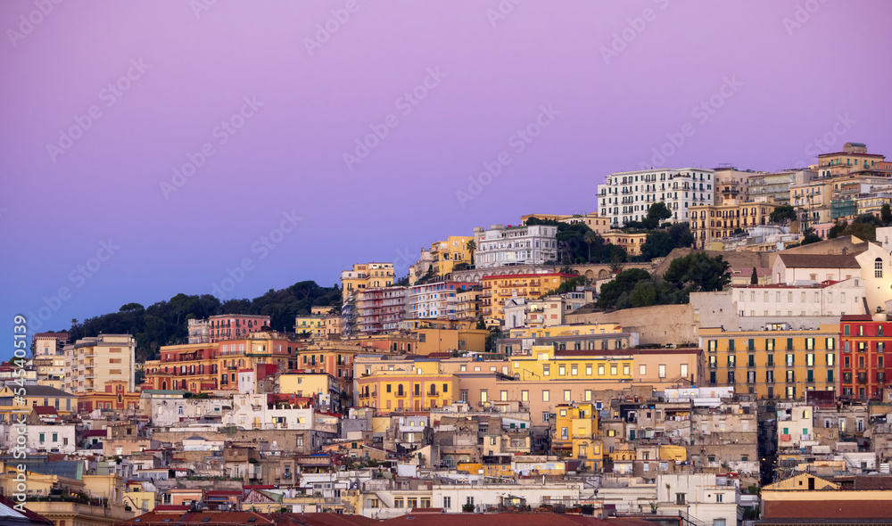 Residential Apartment Home Buildings in Historic Downtown City on Mediterranean Coast of Naples, Italy. Sunrise Sky.