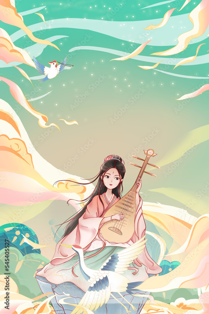 Chinese style ancient style woman traditional ethnic poster illustration background material