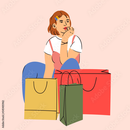 Young pretty woman sitting next to Shopping bags. Fashion beautiful Lady enjoying shopping. Discount, Sale, black friday, marketing, purchasing, mall concept. Hand drawn colorful Vector illustration