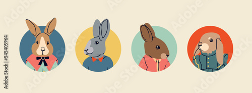 Various anthropomorphic Rabbits. Hand drawn Vector illustration. Cute cartoon creatures. Round icons. Fashion animal characters. Avatar templates. Every bunny is isolated. New year symbol