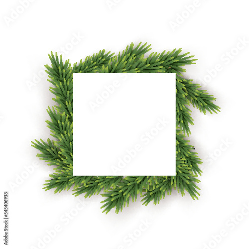 Green Christmas wreath background. Holly fir tree natural square decoration. Realistic merry xmas, New Year traditional ornament. Square shape paper with Christmas tree vector illustration